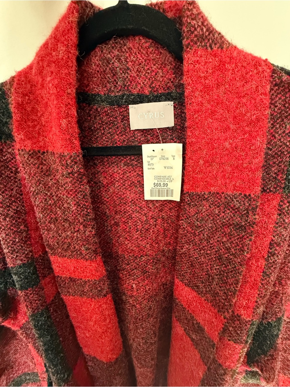 Cyrus Red and Gray Plaid Open-Front Belted Cardigan